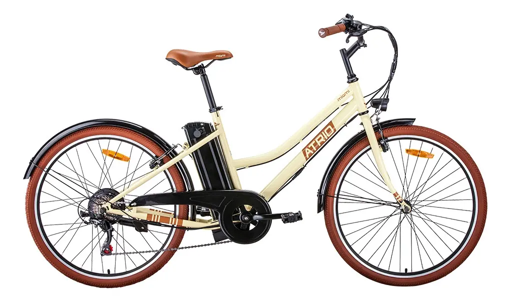 Bicicleta elétrica Atrio Miami aro 26, quadro retrô rebaixado com bateria removível atrás do selim