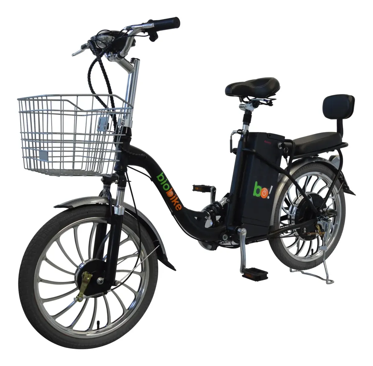 Bicicleta elétrica Biobike Urbana aro 20, quadro de aço com cesto na frente, bagageiro e encosto traseiro