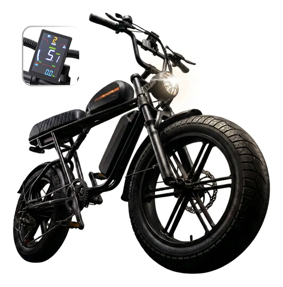 Bicicleta elétrica Engwe M1 estilo moped, com banco duplo alongado, pneus fat de 20 polegadas e suspensão dupla