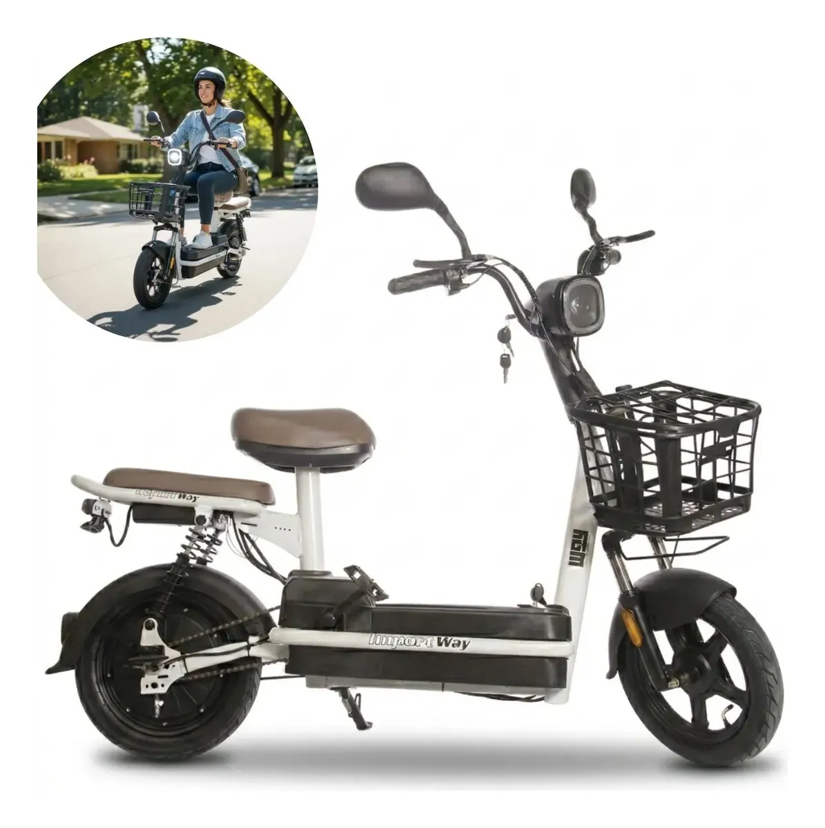 Bicicleta scooter elétrica Importway IWMV003BR, com pneus largos de 14 polegadas, retrovisores e farol